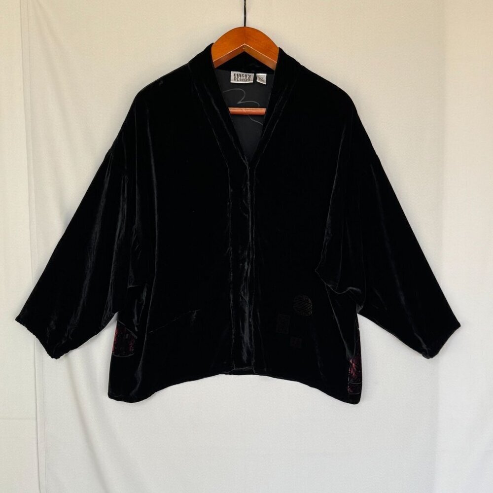 Vintage Chicos Black Silk Blend Burn out Velvet‎ Geisha Print Loose Jacket Top